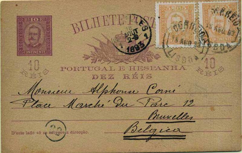 0598.jpg -     Lote:    598            Portugal       Descrição:         1892/95 &mdash; D. Carlos I tipo Diogo Neto. OM13, 10 reis lilás castanho sobre cartolina camurça, circulado com 2 selos adicionais de 5 reis denteado 11 &frac12;, papel porcelana tipo D. Carlos I Diogo Neto CE68, de Lisboa (15.08.93) para Bruxelas (18.08.93).        IC       Valor Base:     &euro; 10,00     Valor Venda:     &euro; 14,00     