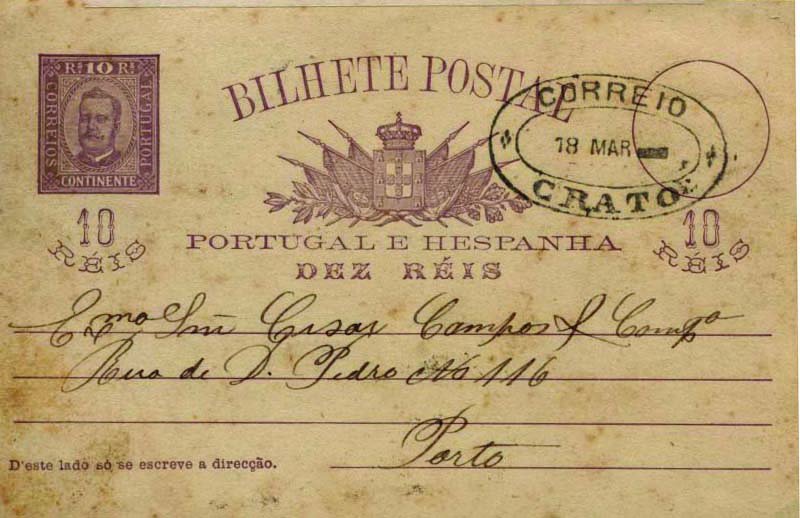 0599.jpg -     Lote:    599            Portugal       Descrição:         1892/95 &mdash; D. Carlos I tipo Diogo Neto. OM13B, 10 reis lilás castanho sobre cartolina branca, circulado do Crato (18.03.--) para o Porto (19.03.95). Carimbo de dupla oval batido a preto "CORREIO / CRATO".        IC       Valor Base:     &euro; 12,00     Valor Venda:     &euro; 20,00     