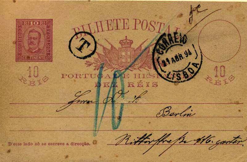 0600.jpg -     Lote:    600            Portugal       Descrição:         1892/95 &mdash; D. Carlos I tipo Diogo Neto. OM13, lilás-castanho sobre cartolina camurça. Circulado de Lisboa (21.04.94) para Berlim (25.04.94). Inteiro do serviço nacional utilizado no serviço internacional (Europa) indevidamente, tendo sido porteado em 5c de franco. B e R.        IC       Valor Base:     &euro; 25,00     Valor Venda:     Retirado     