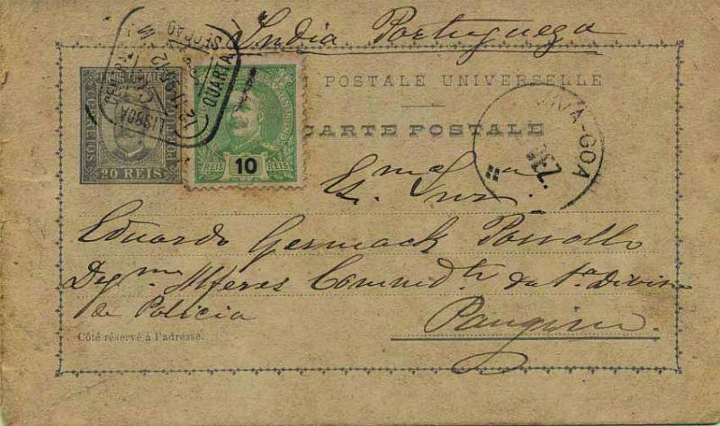 0601.jpg -     Lote:    601            Portugal       Descrição:         1892/95 &mdash; D. Carlos I tipo Diogo Neto. OM14, 20 reis castanho-violeta sobre cartolina camurça clara, circulado de Lisboa (12.11.95) para Pangim / Nova Goa (6.12.95) com selo adicional de 10 reis CE128. Rara circulação.        IC       Valor Base:     &euro; 15,00     Valor Venda:     &euro; 70,00     