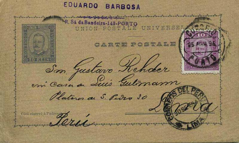 0602.jpg -     Lote:    602            Portugal       Descrição:         1892/95 &mdash; D. Carlos I tipo Diogo Neto. OM14, 20 reis cinzento violeta sobre cartolina camurça, circulado com selo adicional de 10 reis denteado 12 &frac12;, papel porcelana tipo D. Carlos I Diogo Neto CE69, do Porto (25.08.94) para Lima / Peru (30.09.94). Raro destino.        IC       Valor Base:     &euro; 20,00     Valor Venda:     &euro; 42,00     