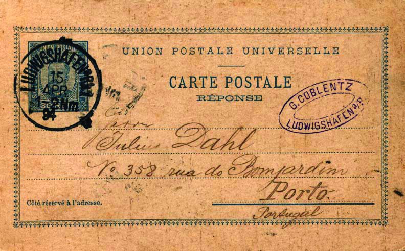 0604.jpg -     Lote:    604            Portugal       Descrição:         1892/95 &mdash; D. Carlos I, tipo Diogo Neto. OM18, 30+30 reis azul sobre cartolina camurça. Segundo folha (Resposta) circulada de Ludwigshafenª/R &mdash; Alemanha (15.04.94) para o Porto (19.04.94). MB e R.        IC       Valor Base:     &euro; 20,00     Valor Venda:     &euro; 26,00     