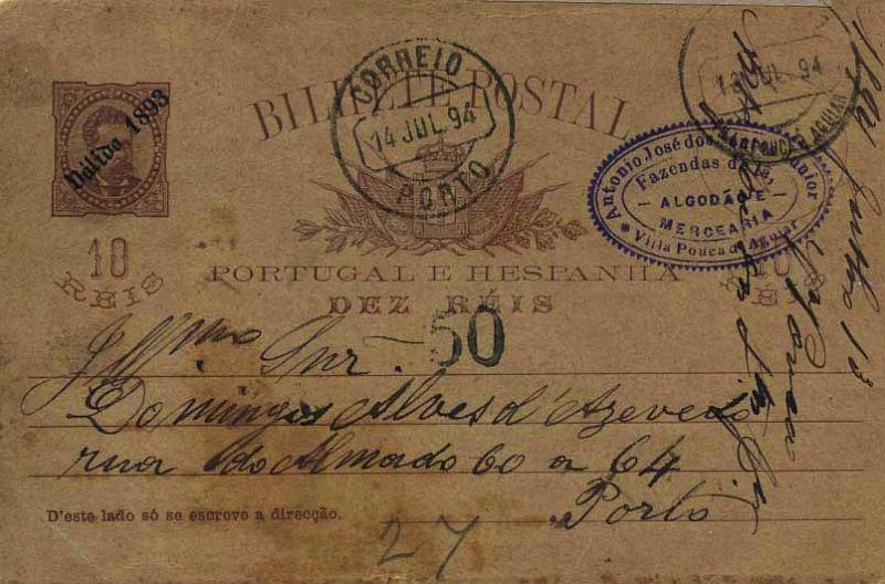 0605.jpg -     Lote:    605            Portugal       Descrição:         1893 &mdash; D. Luís I de frente. Provisório. Com sobrecarga "Válido 1893". OM19, 10 reis castanho vermelho sobre cartolina camurça escura tipo A. Circulado de Vila Pouca de Aguiar (13.07.94) para o Porto (14.07.94. Porteado indevidamente com selo fixo batido a preto de 50 reis. Inteiros apenas retirados de circulação em 01.01.85. Algumas manchas.        IC       Valor Base:     &euro; 15,00     Valor Venda:     Retirado     