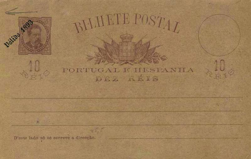 0606.jpg -     Lote:    606            Portugal       Descrição:         1893 &mdash; D. Luís I de frente, com sobrecarga a preto "Válido 1893". OM19a, 10 reis castanho-vermelho claro, sem quadrícula, tipo A. Inteiro com a sobrecarga muito deslocada.        IN       Valor Base:     &euro; 12,00     Valor Venda:     Retirado     