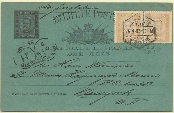 0607.jpg -     Lote:    607            Portugal       Descrição:         1895 &mdash; D. Carlos I Diogo Neto. OM22, 10 reis preto sobre cartolina verde-azul. Circulado de Lisboa (20.09.95) para Nova York (09.10.96) com selo adicional de 5 reis (par), CE68.        IC       Valor Base:     &euro; 10,00     Valor Venda:     &euro; 22,00     