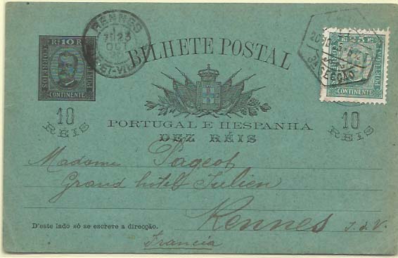 0608.jpg -     Lote:    608            Portugal       Descrição:         1895 &mdash; D. Carlos I Diogo Neto. OM22, 10 reis preto sobre cartolina verde-azul. Circulado de Lisboa (20.10.95) para Rennes (23.10.96) com selo adicional de 25 reis CE70.        IC       Valor Base:     &euro; 10,00     Valor Venda:     Retirado     