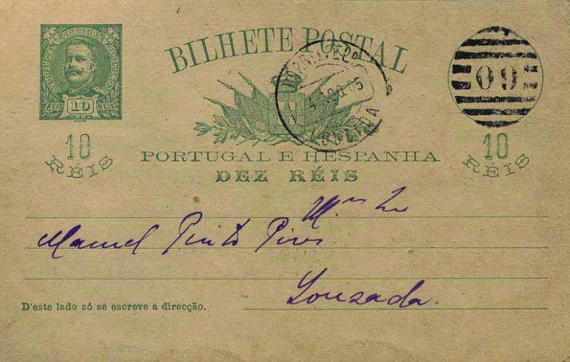 0609.jpg -     Lote:    609            Portugal       Descrição:         1896 &mdash; D. Carlos I tipo Mouchon. OM23, 10 reis verde escuro sobre cartolina creme, circulado em Louzada (04.08.05). Carimbo numérico da 2.ª reforma "60 &mdash; LOUZADA" batido a preto. Utilização tardia do carimbo.        IC       Valor Base:     &euro; 10,00     Valor Venda:     &euro; 10,00     