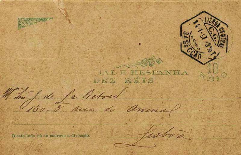 0610.jpg -     Lote:    610            Portugal       Descrição:         1896 &mdash; D. Carlos I, tipo Mouchon. OM23, 10 reis verde-escuro sobre cartolina camurça, circulado em Lisboa (14.01.97). Inteiro com falta de impressão quase total do selo e das Armas Reais e sem impressão da legenda "BILHETE POSTAL". No verso texto manuscrito "Como me veio parar às minhas mãos este bilhete postal e como sei que é collecionador ofereço-lhe com muito gosto". Exemplar interessante e raro.        IC       Valor Base:     &euro; 75,00     Valor Venda:     &euro; 150,00     