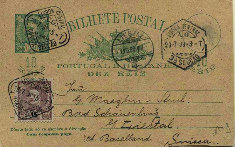 0611.jpg -     Lote:    611            Portugal       Descrição:         1896 &mdash; D. Carlos I tipo Mouchon. OM26, 10+10 reis verde escuro sobre cartolina creme. 1.ª folha (Com resposta paga) circulada com selo adicional de 15 reis castanho tipo D. Carlos I Mouchon CE129 de Lisboa (09.07.98) para a Suíça (01.08.98). B e R.        IC       Valor Base:     &euro; 15,00     Valor Venda:     &euro; 15,00     