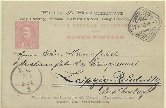 0613.jpg -     Lote:    613            Portugal       Descrição:         1899 &mdash; D. Carlos I Mouchon. OM32, 25 reis rosa sobre cartolina cinzenta, circulado de Lisboa (17.03.00) para a Alemanha (21.03.00). Repicado por FRICK & ROGENMOSER". MB.        IC       Valor Base:     &euro; 12,00     Valor Venda:     Retirado     