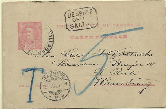 0615.jpg -     Lote:    615            Portugal       Descrição:         1899 &mdash; D. Carlos I Mouchon. OM32, 25 reis carmim. Circulado de Espanha * Villagracia (23.01.01) para Hamburgo (25.01.01). Porteado com 5c por uso indevido em Espanha.        IC       Valor Base:     &euro; 20,00     Valor Venda:     &euro; 20,00     