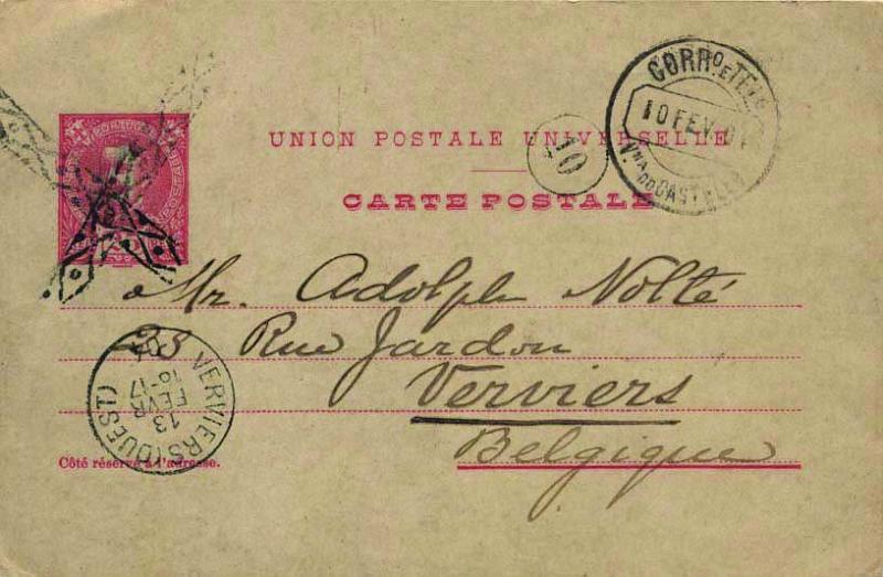 0616.jpg -     Lote:    616            Portugal       Descrição:         1900/04 &mdash; D. Carlos I tipo Mouchon. OM36a, 25 reis rosa sobre cartolina creme. Circulado de Viana do Castelo (10.02.04) para Verviers /Bélgica (13.02.04). Por não ter sido obliterado o selo, os correios belgas obliteraram-no com carimbo mudo de roulette, a preto. MB.        IC       Valor Base:     &euro; 15,00     Valor Venda:     Retirado     