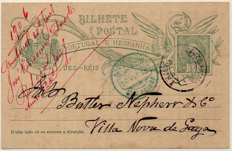 0619.jpg -     Lote:    619            Portugal       Descrição:         1905 &mdash; D. Carlos I. Legenda Portugal e Hespenha. OM41, 10 reis verde-azul, circulado do Bombarral (20.01.06) para Gaia (21.01.06). Repicado por JOSÉ MESTRE DUARTE &mdash; BOMBARRAL.        IC       Valor Base:     &euro; 10,00     Valor Venda:     &euro; 10,00     