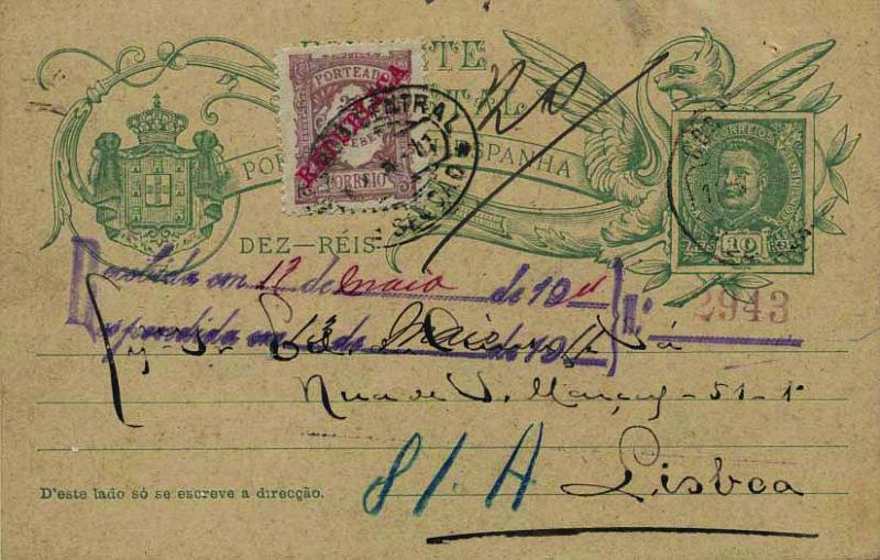 0620.jpg -     Lote:    620            Portugal       Descrição:         1905 &mdash; D. Carlos I tipo Mouchon. Legenda "PORTUGAL E HESPANHA. OM41b, 10 reis verde-azul sobre cartolina camurça rosada, circulado da Messejana (12.01.1911) para Lisboa (13.01.11). Por estar retirado de circulação desde 01.09.10 foi porteado, com o dobro de porte, com selo de 20 reis CE POR16. MB e R.         IC       Valor Base:     &euro; 25,00     Valor Venda:     &euro; 80,00     