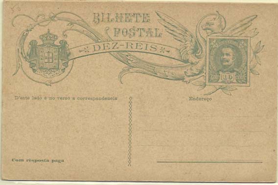 0621.jpg -     Lote:    621            Portugal       Descrição:         1907/08 &mdash; D. Carlos I Mouchon. OM46, 10+10 reis verde-azul sobre cartolina camurça.         IN       Valor Base:     &euro; 20,00     Valor Venda:     Retirado     