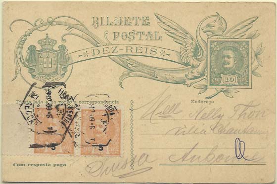 0622.jpg -     Lote:    622            Portugal       Descrição:         1907/08 &mdash; D. Carlos I Mouchon. OM46, 10+10 reis verde-azul sobre cartolina creme. Circulado de Lisboa (09.12.09) para a Suíça com adicionais de 5 reis (par) CE127.        IC       Valor Base:     &euro; 30,00     Valor Venda:     Retirado     