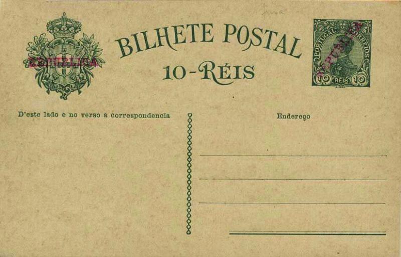 0626.jpg -     Lote:    626            Portugal       Descrição:         1910 &mdash; D. Manuel II com sobrecarga REPUBLICA. OM52b, 10 reis verde-escuro sobre cartolina creme. SOBRECARGA MANUAL. R.        IC       Valor Base:     &euro; 30,00     Valor Venda:     Retirado     