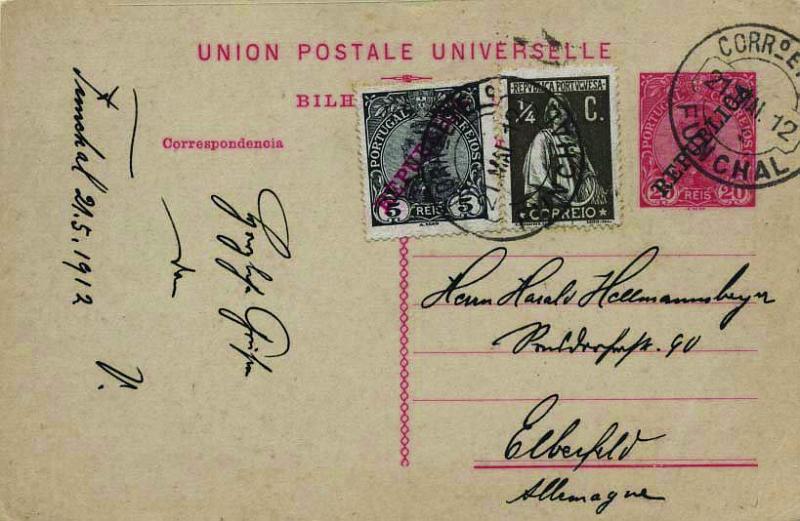 0628.jpg -     Lote:    628            Portugal       Descrição:         1910 &mdash; D. Manuel II, com sobrecarga REPUBLICA. CE53, 20 reis carmim sobre cartolina branca, circulado do Funchal (21.05.12) para a Alemanha, com selos adicionais de 5 reis CE171 e &frac14; c CE206.        IC       Valor Base:     &euro; 10,00     Valor Venda:     &euro; 12,00     