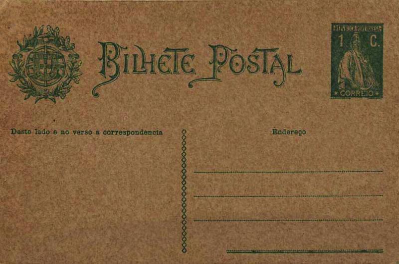 0630.jpg -     Lote:    630            Portugal       Descrição:         1912 &mdash; Ceres. Escudo Nacional à esquerda. CE59, 1C verde-escuro, cartolina camurça escura. Repicado no verso por: BANCO DE PORTUGAL.        IN       Valor Base:     &euro; 8,00     Valor Venda:     &euro; 8,00     