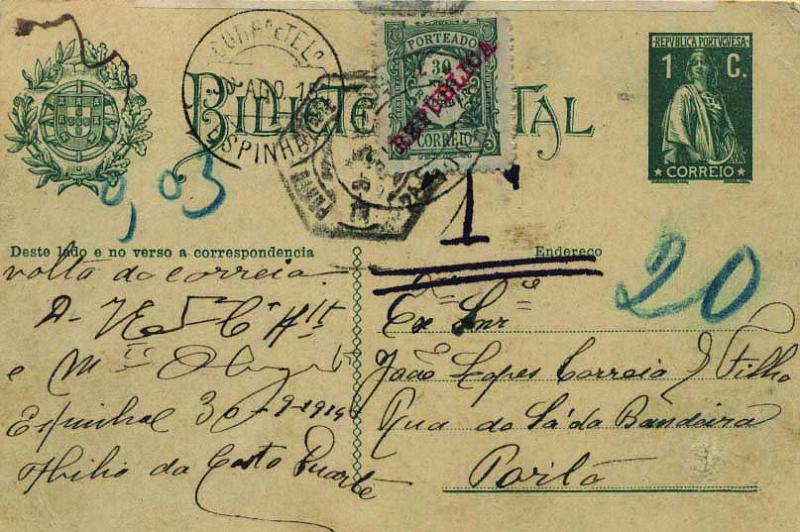0631.jpg -     Lote:    631            Portugal       Descrição:         1912 &mdash; Ceres. Escudo Nacional è esquerda. OM59b, 1C verde escuro sobre cartolina creme, circulado com selo adicional de Espinhal (30.08.15) para o Porto (01.09.15). Por se ter utilizado espaços não destinados a correspondência foi porteado como carta. Pagou o dobro do porte em falta com selo de 30 reis verde tipo Emissão regular com sobrecarga REPUBLICA CE POR17. MB e MR.        IC       Valor Base:     &euro; 20,00     Valor Venda:     &euro; 100,00     