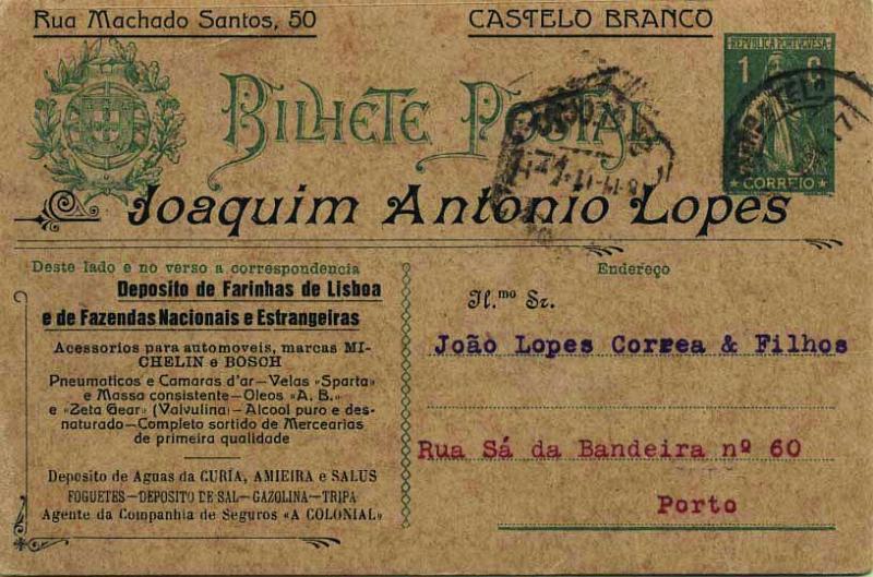 0632.jpg -     Lote:    632            Portugal       Descrição:         1912 &mdash; Ceres. Escudo Nacional à esquerda. CE59, 1C verde-escuro, cartolina camurça clara, circulado de Castelo Branco (14.11.17) para o Porto (15.11.17). Repicado na frente e verso por: JOAQUIM ANTÓNIO LOPES / CASTELO BRANCO.        IC       Valor Base:     &euro; 10,00     Valor Venda:     &euro; 28,00     