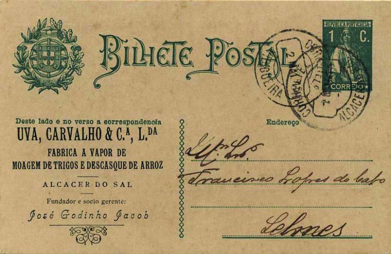 0633.jpg -     Lote:    633            Portugal       Descrição:         1912 &mdash; Ceres. Escudo Nacional à esquerda. CE59, 1C verde-escuro, cartolina camurça clara, circulado de Alcácer do Sal (01.05.16) para Selmes com trânsito por Vidigueira (02.05.16). Repicado na frente e verso por: UVA, CARVALHO & Cª, L.DA. MB.        IC       Valor Base:     &euro; 8,00     Valor Venda:     &euro; 18,00     