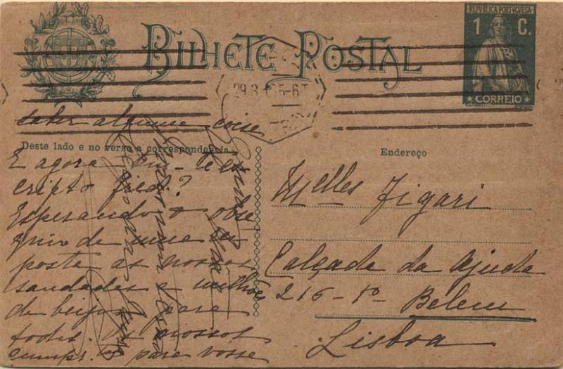 0634.jpg -     Lote:    634            Portugal       Descrição:         Carimbos circulares datados, tipo 1880. 1912 &mdash; Ceres. OM59, 1C verde-escuro sobre cartolina camurça, circulado em Lisboa (29.03.17). Inteiro com o corte deslocado.        IC       Valor Base:     &euro; 10,00     Valor Venda:     &euro; 16,00     