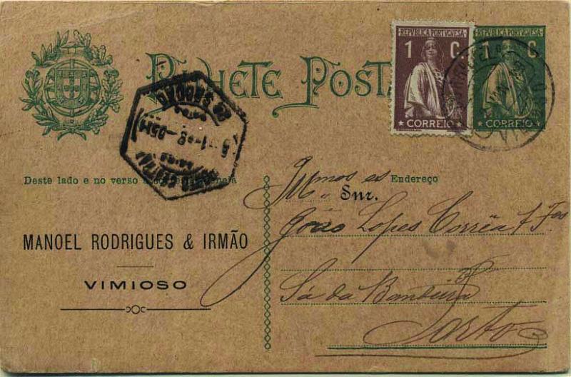 0635.jpg -     Lote:    635            Portugal       Descrição:         1912 &mdash; Ceres. Escudo Nacional è esquerda. OM59, 1C verde escuro sobre cartolina camurça escura, circulado com selo adicional de 1C castanho tipo Ceres CE221 de Vimioso (02.01.18) para o Porto (06.01.18). Repicado à frente e no verso por "MANOEL RODRIGUES & IRMÃO / VIMIOSO".        IC       Valor Base:     &euro; 8,00     Valor Venda:     &euro; 8,00     