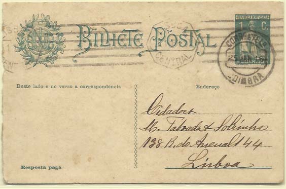0636.jpg -     Lote:    636            Portugal       Descrição:         1912 &mdash; Ceres. OM60, 1+1C verde escuro, cartolina branca. 1.ª folha circulada de Coimbra (25.01.16) para Lisboa (26.01.16).        IC       Valor Base:     &euro; 6,00     Valor Venda:     &euro; 8,00     
