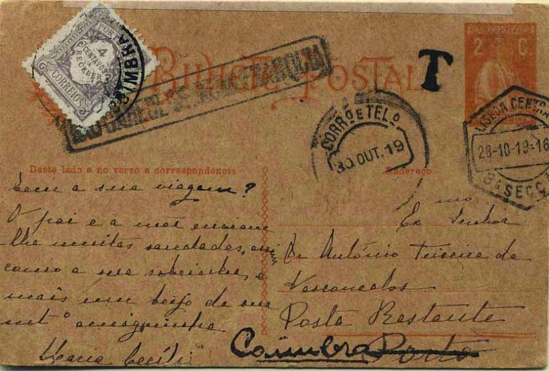 0637.jpg -     Lote:    637            Portugal       Descrição:         1918/20 &mdash; Ceres. Aumento de porte. OM61a, 2C laranja sobre cartolina camurça escura, circulado de Lisboa (28.10.19) para o Porto (30.10.19) e reendereçado para Coimbra (31.10.19). Remetida para a Posta Restante e por não ter pago antecipadamente em selos postais este serviço foi porteada com o dobro da taxa devida com selo de 4c violeta cinzento CE POR25. MB.        IC       Valor Base:     &euro; 20,00     Valor Venda:     &euro; 120,00     