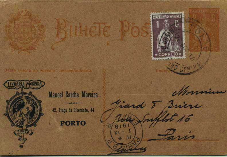 0638.jpg -     Lote:    638            Portugal       Descrição:         1818/20 &mdash; Ceres. OM61, 2C laranja sobre cartolina camurça escura. Circulada do Porto (26.08.18) para Paris (01.09.18), com selo adicional de 1C Ceres castanho. Repicado na frente e verso por "LIVRARIA MODERNA / MANOEL CARDIA MOREIRA / PORTO". MB.        IC       Valor Base:     &euro; 10,00     Valor Venda:     &euro; 10,00     