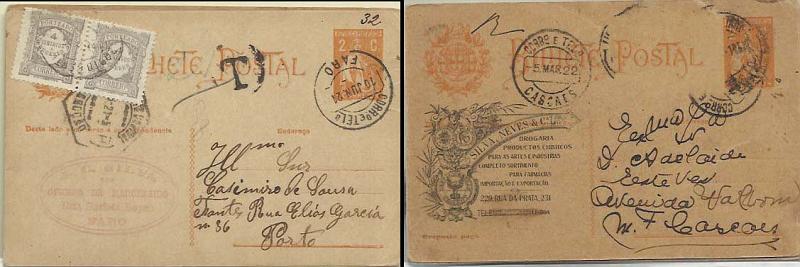 0639.jpg -     Lote:    639            Portugal       Descrição:         1918/20 &mdash; Ceres. CE61, 2C ocre. Lote de 8 inteiros circulados, alguns repicados, um porteado, a maioria com selos adicionais, uma resposta paga. Lote a ver.        Lote       Valor Base:     &euro; 18,00     Valor Venda:     &euro; 40,00     