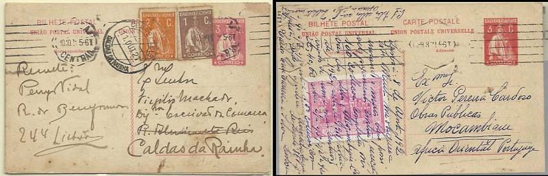 0640.jpg -     Lote:    640            Portugal       Descrição:         1918/20 &mdash; Ceres. OM62, 3C carmim. Lote de dois inteiros circulado: um com selos adicionais tipo Ceres de 1 e 2C e outro simples com vinheta.         IC       Valor Base:     &euro; 12,00     Valor Venda:     &euro; 36,00     