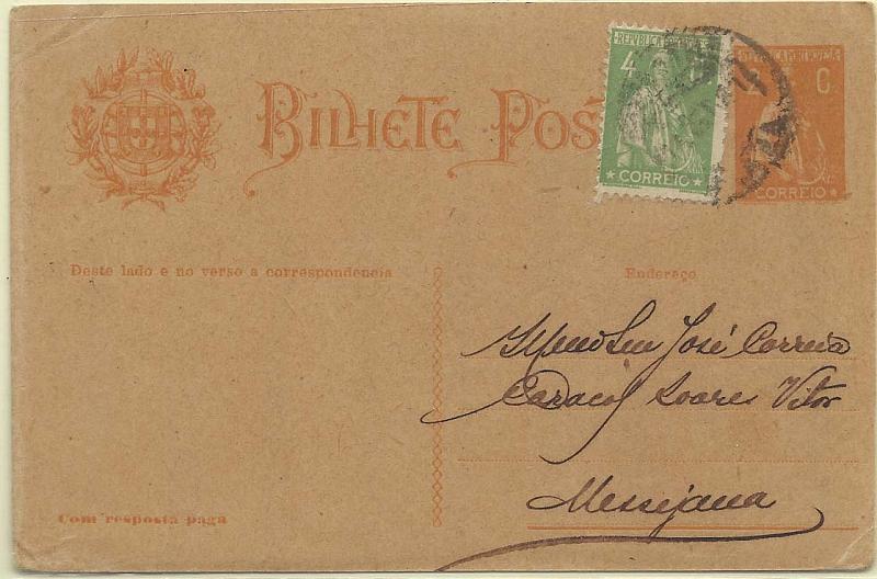 0641.jpg -     Lote:    641            Portugal       Descrição:         1918/20 &mdash; Ceres. OM63, 2 + 2C laranja sobre cartolina camurça. Circulado com adicional Ceres de 4C CE226 de Braga (10.09.7921) para Messejana.        IC       Valor Base:     &euro; 10,00     Valor Venda:     &euro; 32,00     