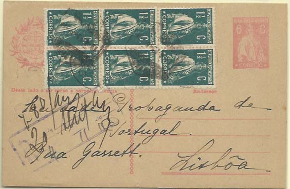 0643.jpg -     Lote:    643            Portugal       Descrição:         192&frac12;2 &mdash; Ceres. OM68, 6C rosa escuro. Circulado em Lisboa (19.04.23) com bloco de 6 selos de 1 &frac12; c verde escuro, denteado 12x11 &frac12;, CE.        IC       Valor Base:     &euro; 15,00     Valor Venda:     &euro; 15,00     