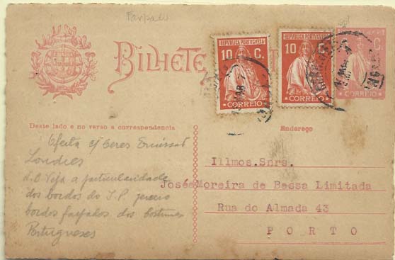 0645.jpg -     Lote:    645            Portugal       Descrição:         192&frac12;2 &mdash; Ceres. OM68, 6C rosa, farpeado (não catalogado). Circulado de Melgaço (12.03.27) para o Porto com dois selos adicionais de 10C tipo Ceres Londres CE401.        IC       Valor Base:     &euro; 15,00     Valor Venda:     &euro; 15,00     