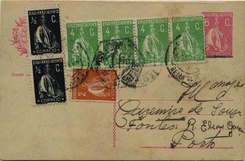 0647.jpg -     Lote:    647            Portugal       Descrição:         192&frac12;2 &mdash; Ceres. Aumento de porte. OM68, 6C rosa sobre cartolina creme. Lote de dois inteiros: um circulado pela Ambulância / Beira Alta (10.05.24) para o Porto (12.05.24) com selos adicionais tipo Ceres de 4x4c verde CE226, 2C laranja CE223 e 2x &frac12; c preto CE207 + inteiro de Alvaiázere (16.11.23) para o Porto com 3 selos de 3C azul claro denteado 12x11 &frac12;.        IC       Valor Base:     &euro; 10,00     Valor Venda:     &euro; 34,00     