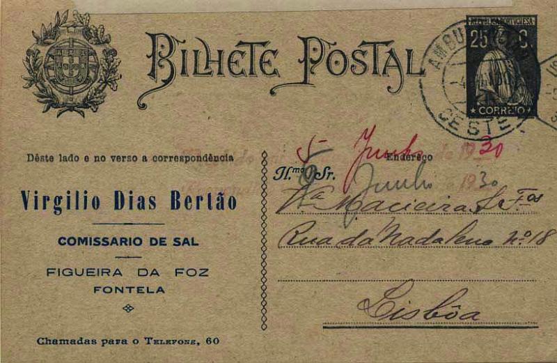 0652.jpg -     Lote:    652            Portugal       Descrição:         1924/26 &mdash; Ceres. Aumento de porte. OM74a, 25C preto sobre cartolina camurça "Enderêço", circulado pela Ambulância Oeste II (04.06.30) para Lisboa (05.06.30). Repicado na frente e verso por: VIRGÍLIO DIAS BERTÃO / FONTELA. MB.        IC       Valor Base:     &euro; 8,00     Valor Venda:     &euro; 8,00     