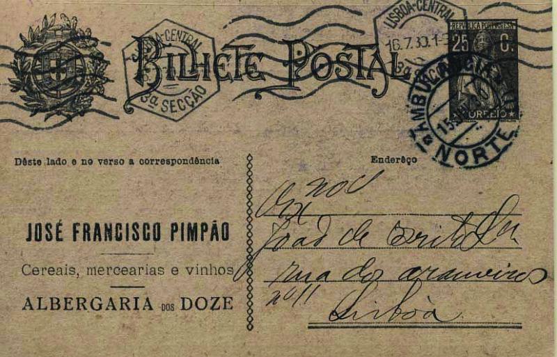 0653.jpg -     Lote:    653            Portugal       Descrição:         1924/26 &mdash; Ceres. Aumento de porte. OM74a, 25C preto sobre cartolina camurça (Enderêço), circulado pela Ambulância Norte III (15.07.30) para Lisboa (16.07.30). Repicado na frente e verso por : "JOSÉ FRANCISCO PIMPÃO / ALBERGARIA DOS DOZE".        IC       Valor Base:     &euro; 8,00     Valor Venda:     &euro; 18,00     