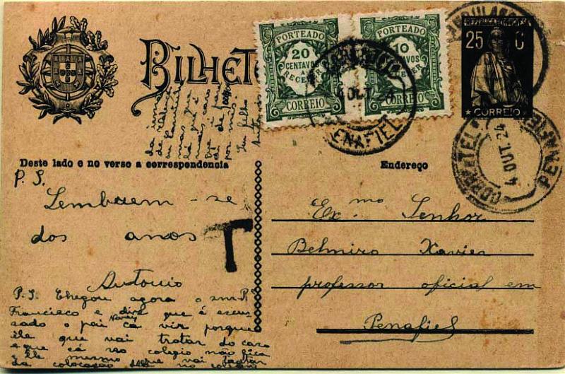 0654.jpg -     Lote:    654            Portugal       Descrição:         1924/26 &mdash; Ceres. Aumento de porte. OM74b, 25C preto sobre cartolina camurça clara (Endereço), circulado por ambulância ferroviária para Penafiel (04.10.24). Por se terem utilizados espaços não destinados à correspondência foi porteado como carta pagando o dobro do porte em falta com selos de 10 e 20C CE POR31 e 34.        IC       Valor Base:     &euro; 15,00     Valor Venda:     &euro; 16,00     