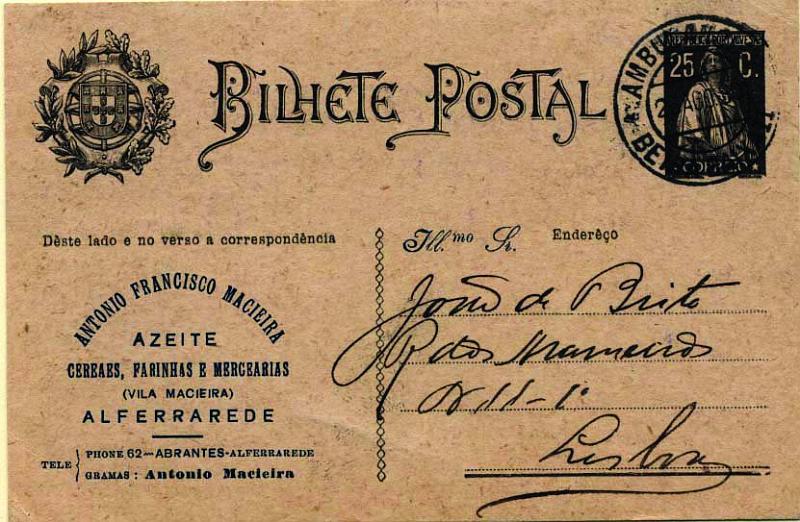 0657.jpg -     Lote:    657            Portugal       Descrição:         1924/26 &mdash; Ceres. Aumento de porte. OM74, 25C preto sobre cartolina camurça (Endereço), circulado pela Ambulância / Beira Baixa II (26.08.30) para Lisboa. Repicado na frente e verso por "ANTÓNIO FRANCISCO MACIEIRA / ALFERRAREDE". MB.        IC       Valor Base:     &euro; 8,00     Valor Venda:     &euro; 18,00     