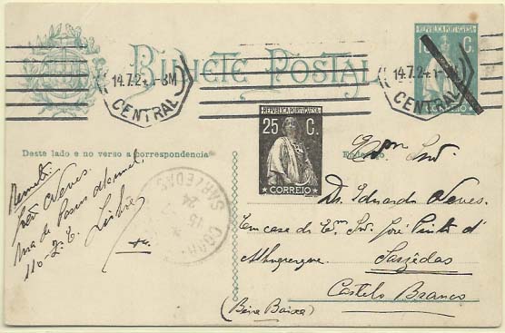 0658.jpg -     Lote:    658            Portugal       Descrição:         1924 &mdash; Ceres de 1922 com novos selos aplicados. OM76a, 25C preto s/ 12C azul verde. Novo selo por baixo de "Postal". Circulado de Lisboa (14.07.24) para Sarzedas (15.07.24). Carimbo tipo francês de SARZEDAS.        IC       Valor Base:     &euro; 10,00     Valor Venda:     &euro; 24,00     