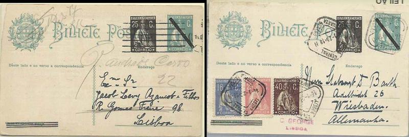 0659.jpg -     Lote:    659            Portugal       Descrição:         1924 &mdash; Ceres de 1922 com novos selos aplicados. OM77 + OM77a, 25C preto s/ 18 (+18)C azul verde. Lote de dois inteiros circulados: um da 1.ª folha circulado em Portugal e outro da 2.ª folha circulado para a Alemanha com selos adicionais tipo Ceres..         IC       Valor Base:     &euro; 15,00     Valor Venda:     &euro; 100,00     