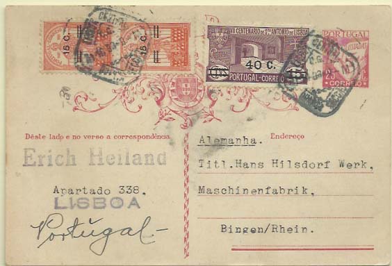 0662.jpg -     Lote:    662            Portugal       Descrição:         1931 &mdash; Lusíadas. OM80, 25 reis carmim, circulado de Lisboa (30.10.33) para a Alemanha, com selos adicionais de 15c s/ 40c (par) CE548 + 40c s/ 15c CE555.        IC       Valor Base:     &euro; 8,00     Valor Venda:     &euro; 24,00     
