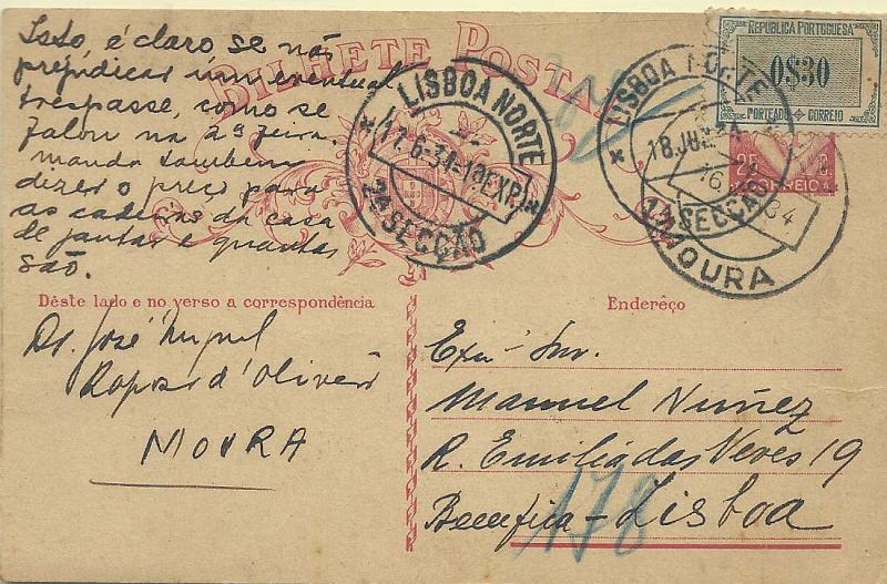 0663.jpg -     Lote:    663            Portugal       Descrição:         1931 &mdash; Lusíadas. OM80f, 25c carmim. Inteiro circulado de Moura (16.06.34) para Lisboa (17.06.34), porteado com selo de $30 tipo Etiqueta como sendo uma carta por utilização de espaços não destinados à correspondência.        IC       Valor Base:     &euro; 5,00     Valor Venda:     &euro; 8,00     