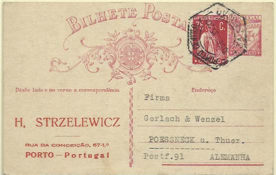 0664.jpg -     Lote:    664            Portugal       Descrição:         1931 &mdash; Lusíadas. OM80, 25 reis carmim. Circulado de Lisboa (10.09.35) para a Alemanha, com selo adicional de 75C carmim CE506.        IC       Valor Base:     &euro; 10,00     Valor Venda:     &euro; 22,00     