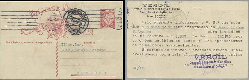 0666.jpg -     Lote:    666            Portugal       Descrição:         1931 &mdash; Lusíadas. CE80, 25C carmim. Circulado de Lisboa (04.11.34) para Peniche (04.11.34). Repicado por "VEROIL / COMPANHIA IMPORTADORA DE ÓLEOS".        IC       Valor Base:     &euro; 8,00     Valor Venda:     &euro; 8,00     