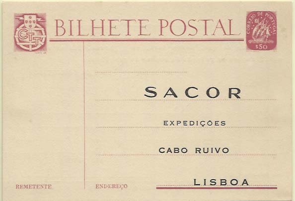 0667.jpg -     Lote:    667            Portugal       Descrição:         1949/50 &mdash; Tipo Caravela. OM116, $50 lilás-rosa escuro. Novo. Repicado por "SACOR / EXPEDIÇÕES".        IN       Valor Base:     &euro; 6,00     Valor Venda:     &euro; 6,00     