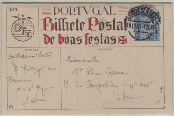 0668.jpg -     Lote:    668            Portugal       Descrição:         1937 &mdash; Boas Festas. Selo Tudo pela Nação, folha dobrada em cima. OM87 (N.º 9 &mdash; Adoração), $25 azul claro. Inteiro circulado em Lisboa (29.12.37).        IC       Valor Base:     &euro; 8,00     Valor Venda:     &euro; 10,00     