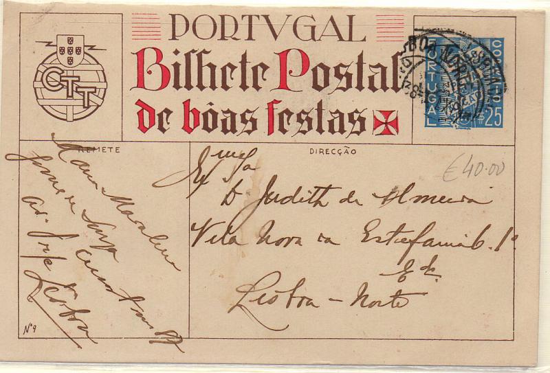 0669.jpg -     Lote:    669            Portugal       Descrição:         1937 - Boas Festas. Selo "Tudo pela Nação". OM87, $25 azul claro (N.º 9 &mdash; Adoração). Circulado em Lisboa (31.12.37).        IC       Valor Base:     &euro; 15,00     Valor Venda:     Retirado     